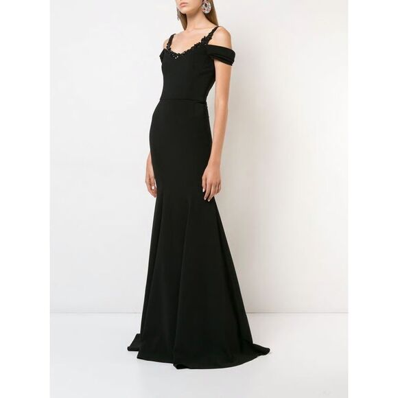 New! MARCHESA NOTTE Women's Beaded Neckline Cold-Shoulder Black Gown Dress 14 - Picture 1 of 13